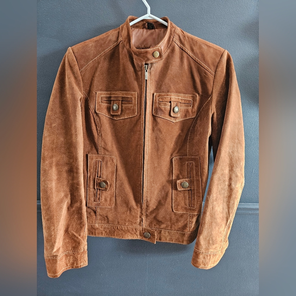 Women's Brown Suede Moto Jacket Size L - Picture 3 of 7